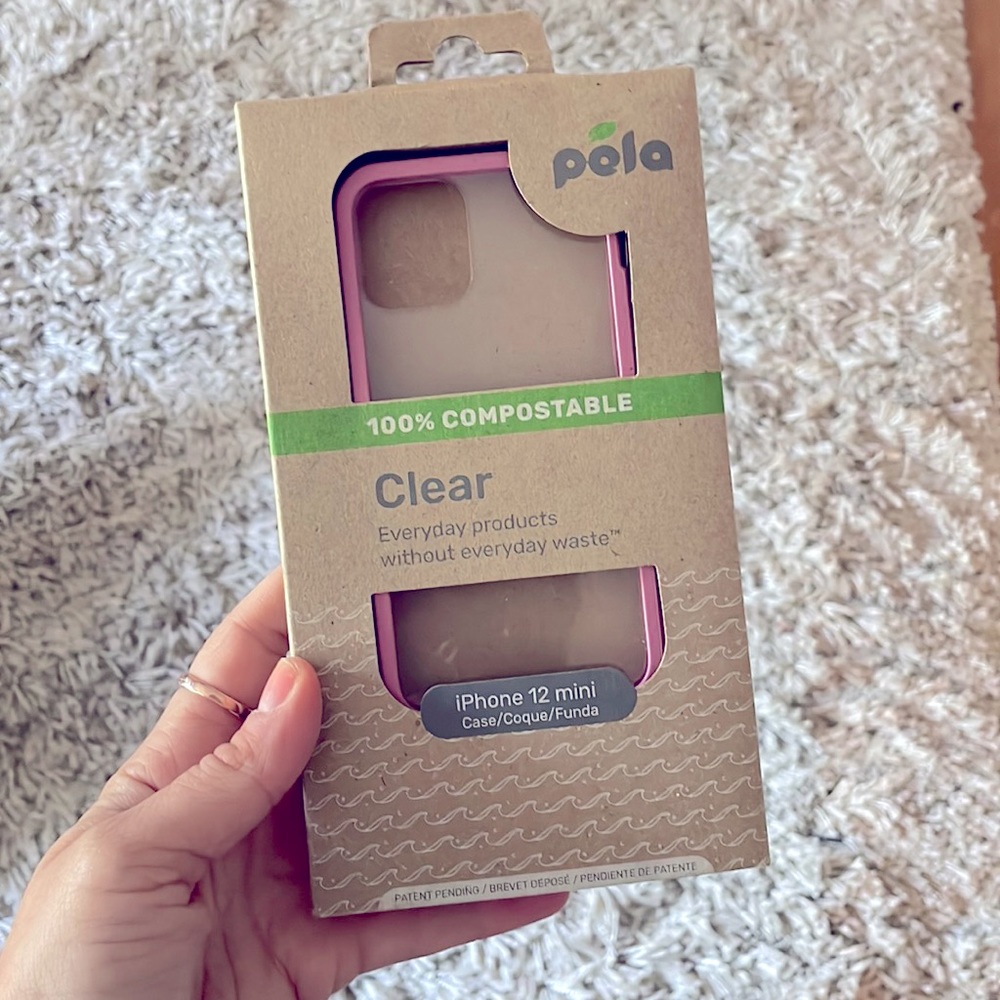 Brand new iPhone 12 mini clear compostable pela case with pink border